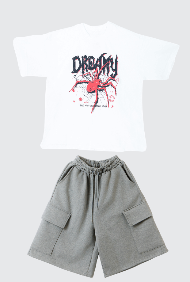 蜘蛛裂紋 T 恤（高密度 15 支紗)+大口袋工裝百慕達短褲_PARCUR250701_PARCUR250702